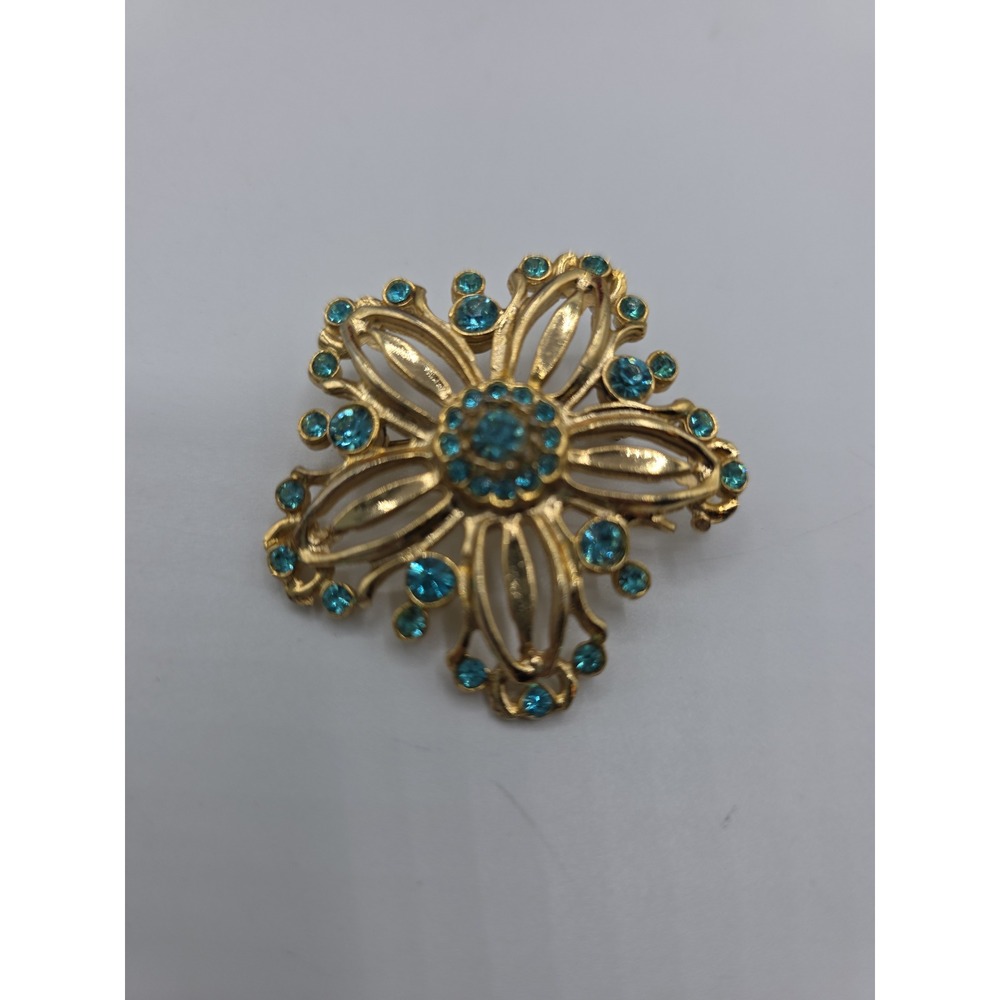 Vintage Gold Tone Turquoise Blue Rhinestone Flower Brooch Floral Pin Atomic
